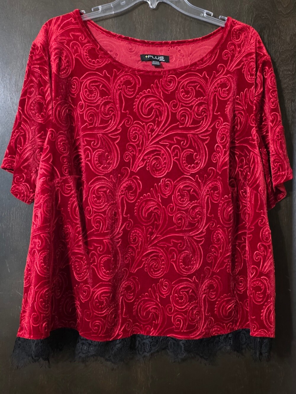 Moda Red Velvet Burnout Paisley Embossed Blouse Black Lace Trim Size 2X